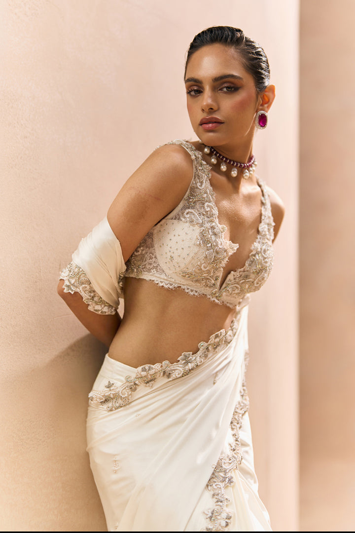 Skyvi Ivory Pre-Stitched Saree Set