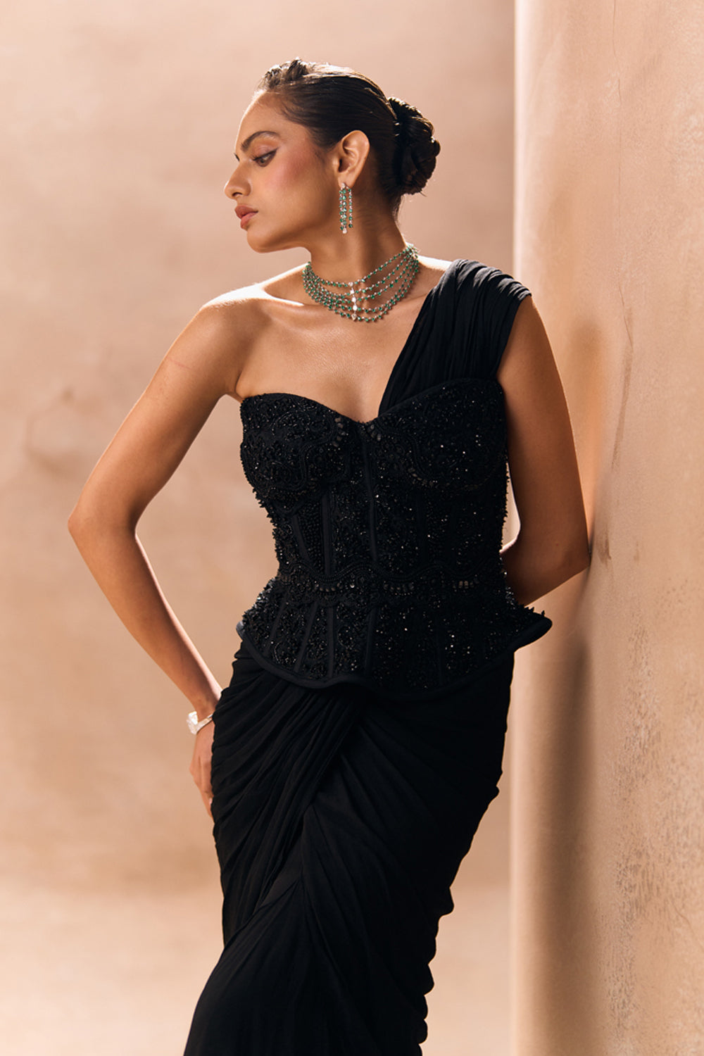 Aimee Black Peplum Corset Top With Ruffle Saree Set