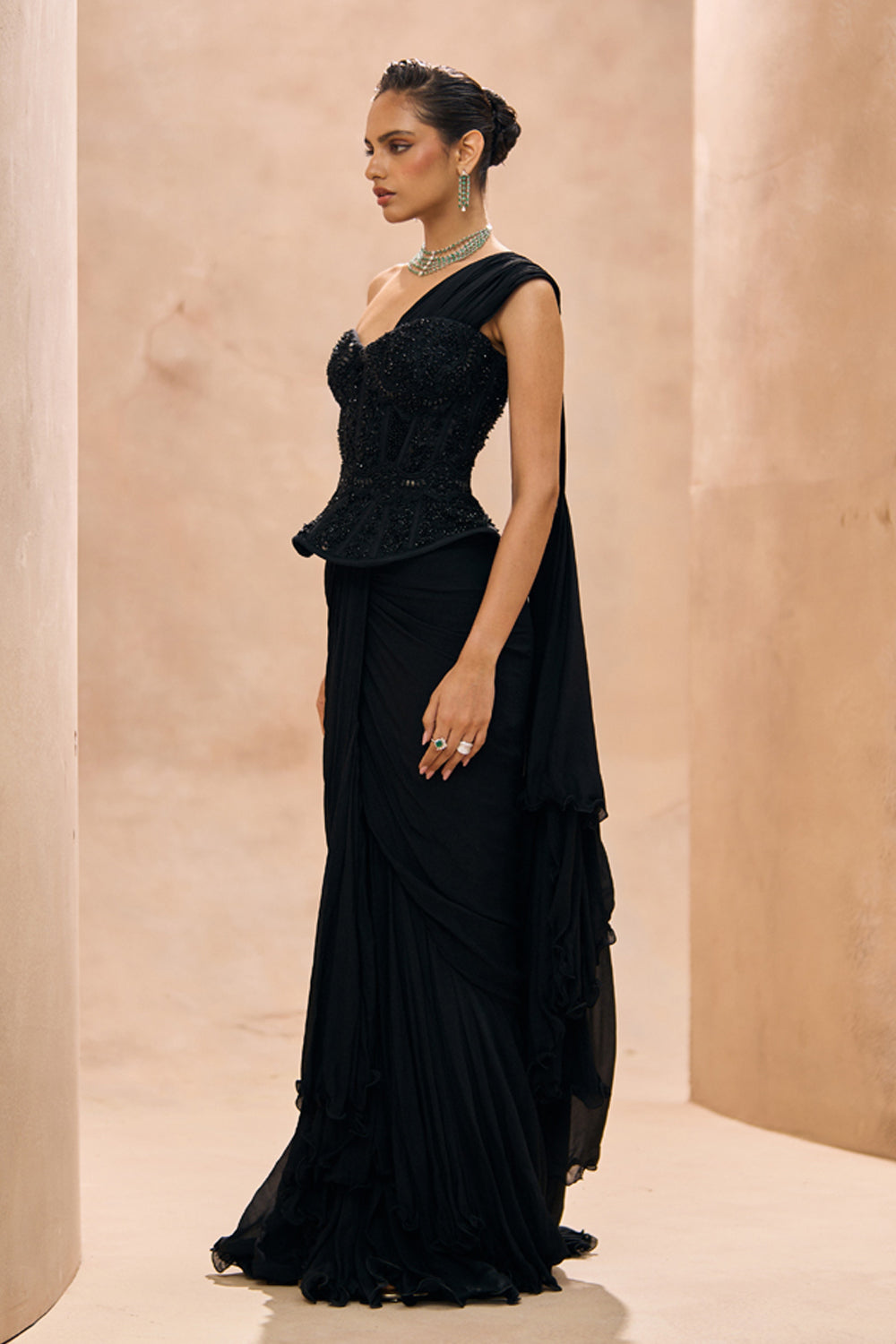 Aimee Black Peplum Corset Top With Ruffle Saree Set