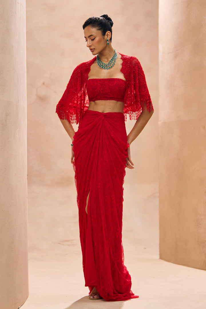 Sylvie Red Cape With Drape Skirt Set