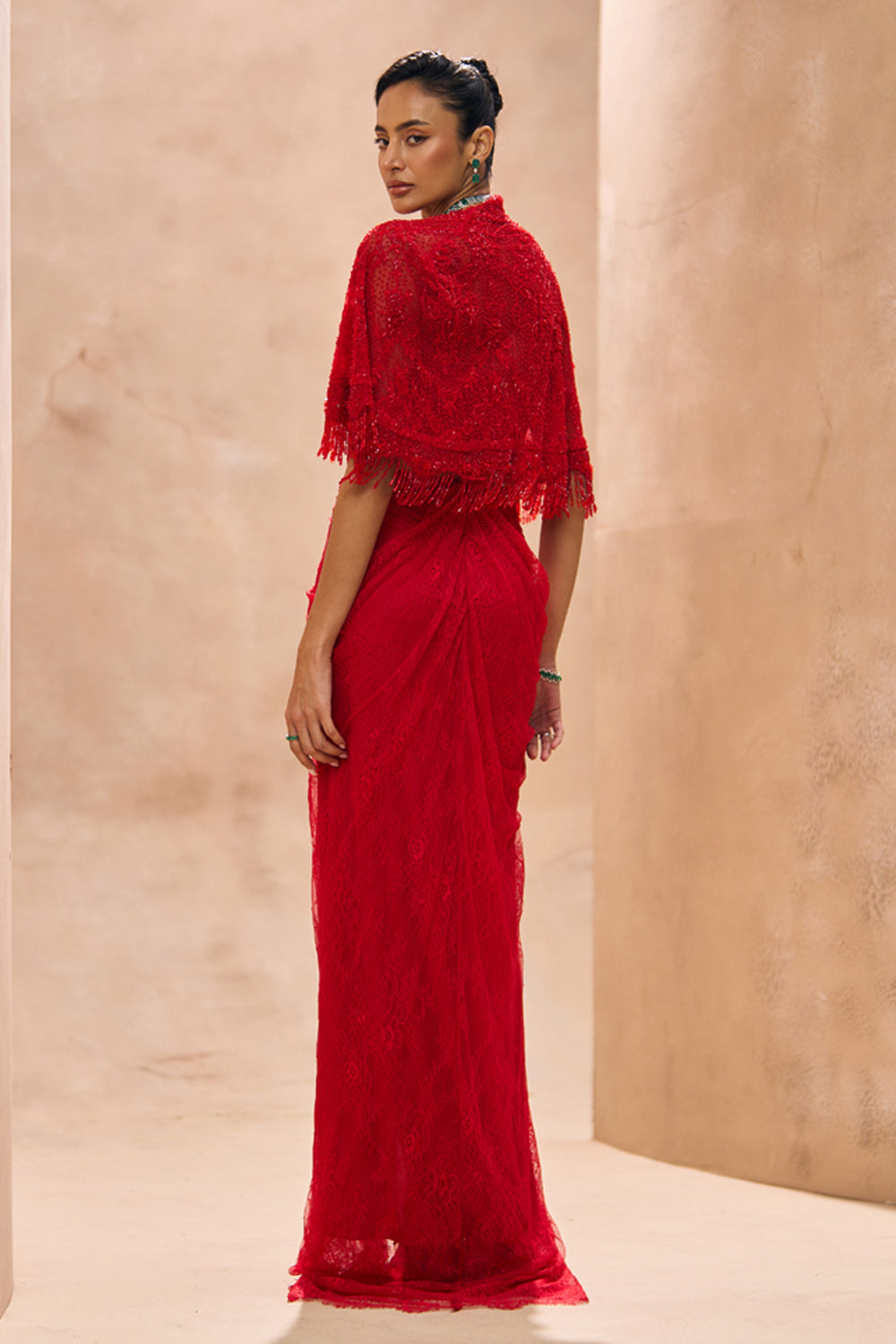 Sylvie Red Cape With Drape Skirt Set