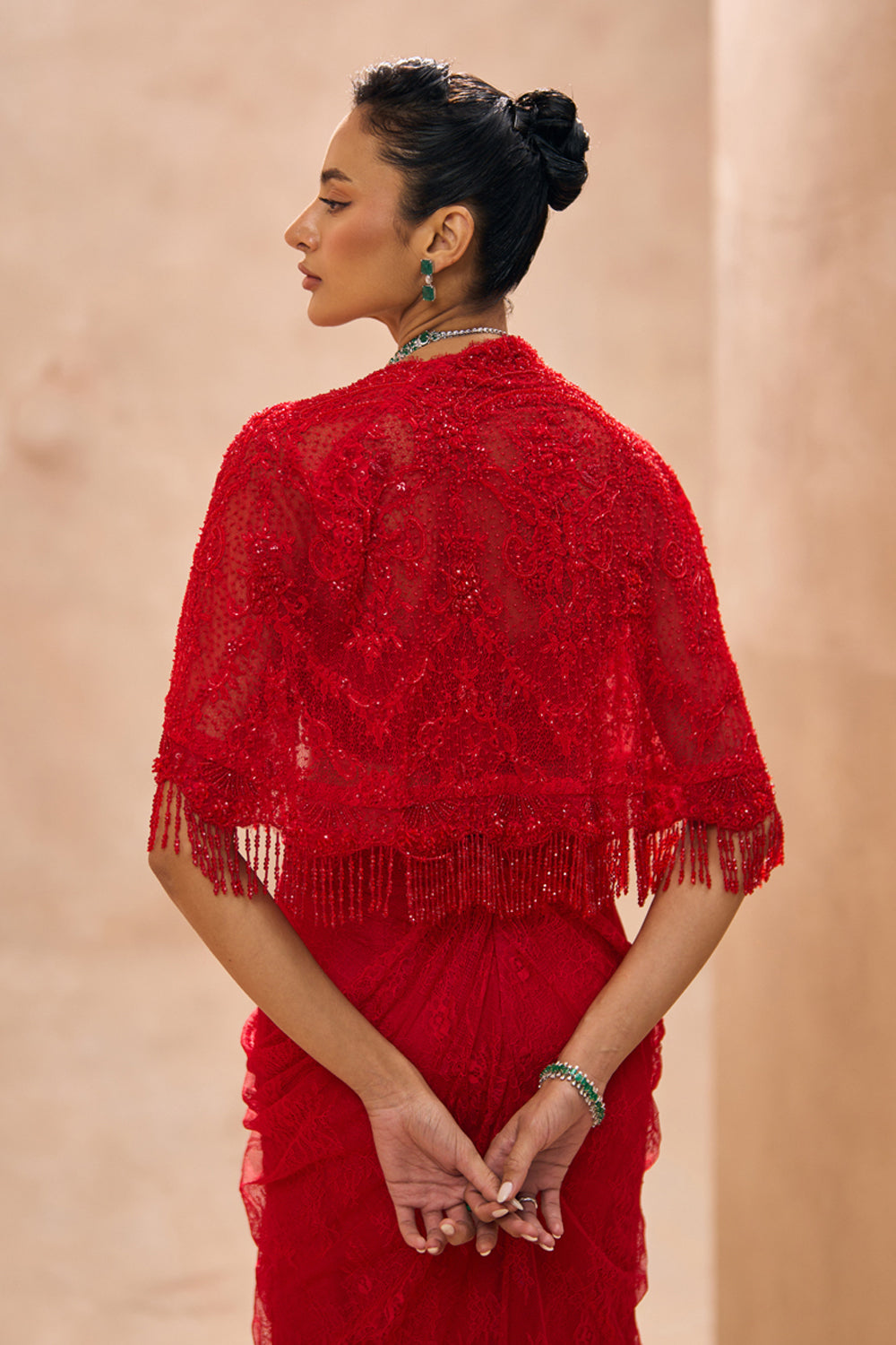 Sylvie Red Cape With Drape Skirt Set