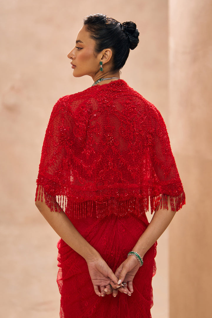 Sylvie Red Cape With Drape Skirt Set