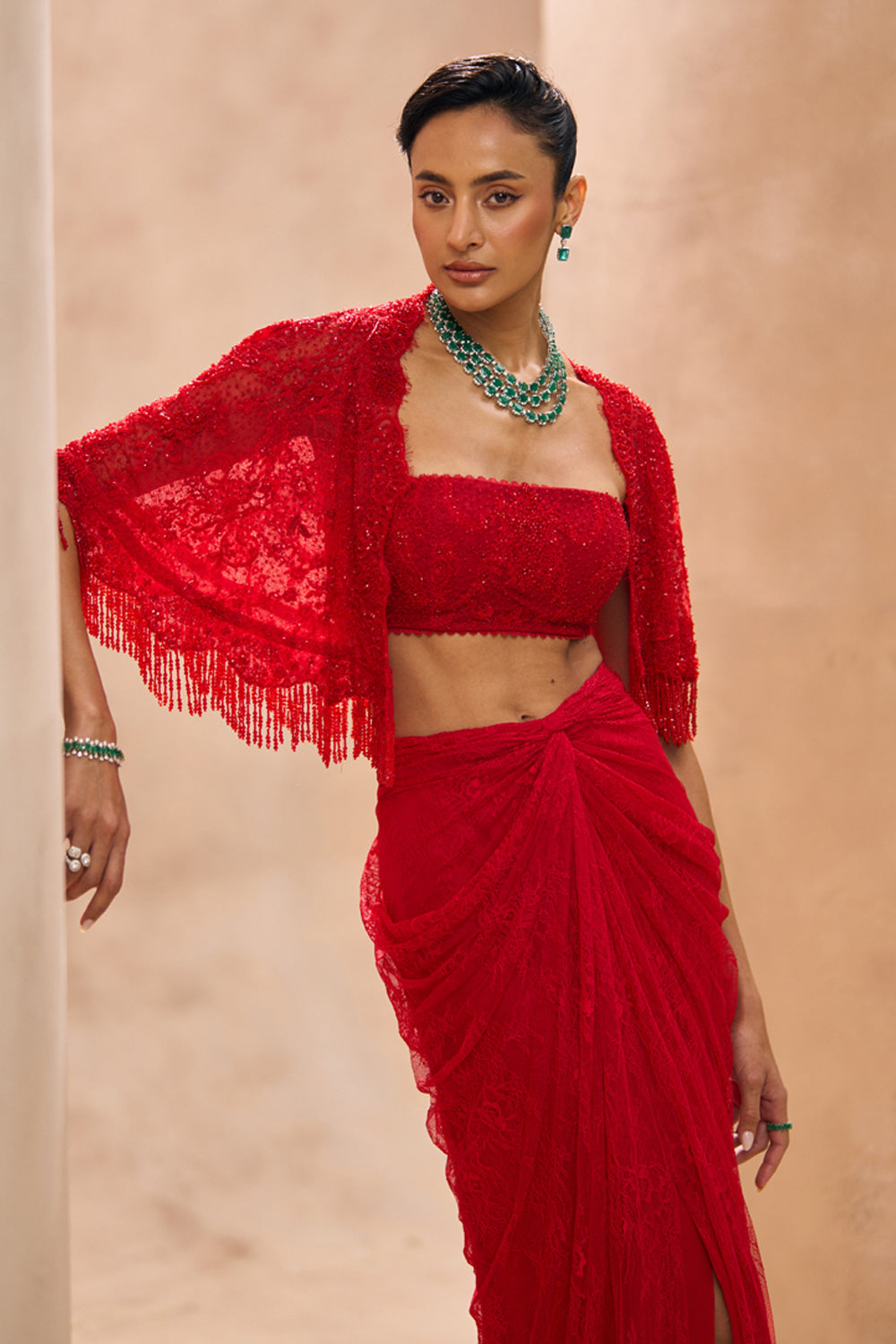 Sylvie Red Cape With Drape Skirt Set