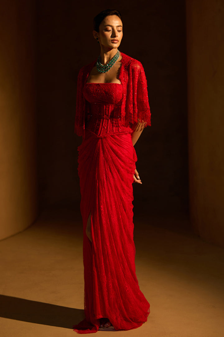 Elenore Red Cape With Drape Skirt Set