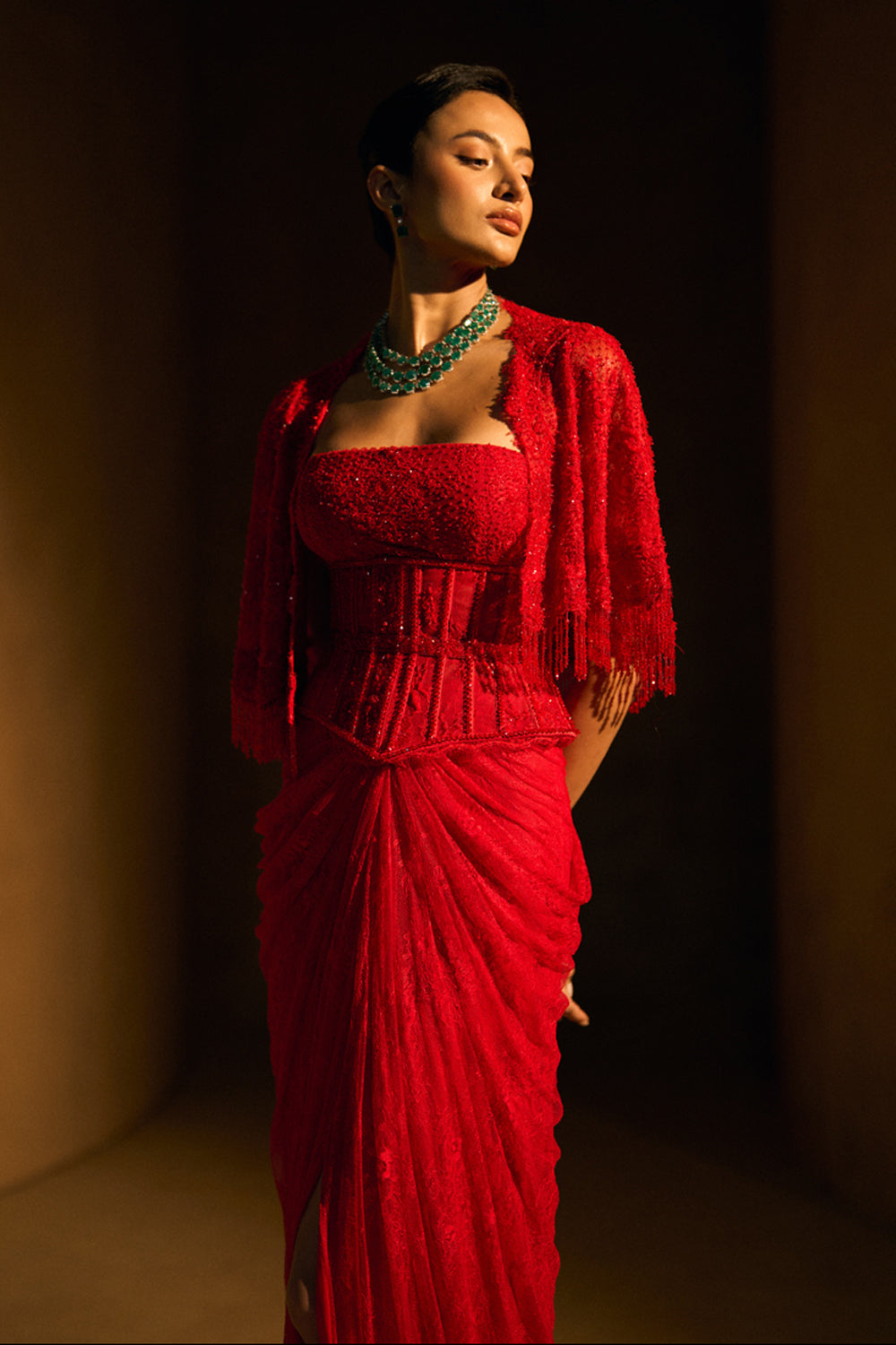 Elenore Red Cape With Drape Skirt Set