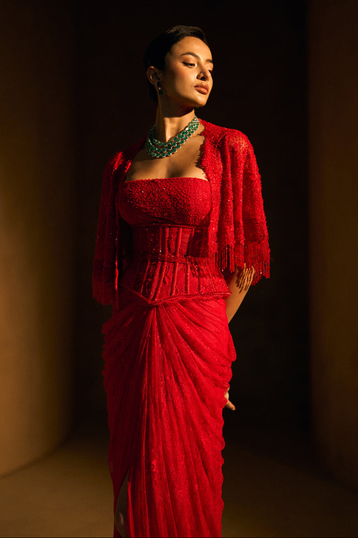 Elenore Red Cape With Drape Skirt Set