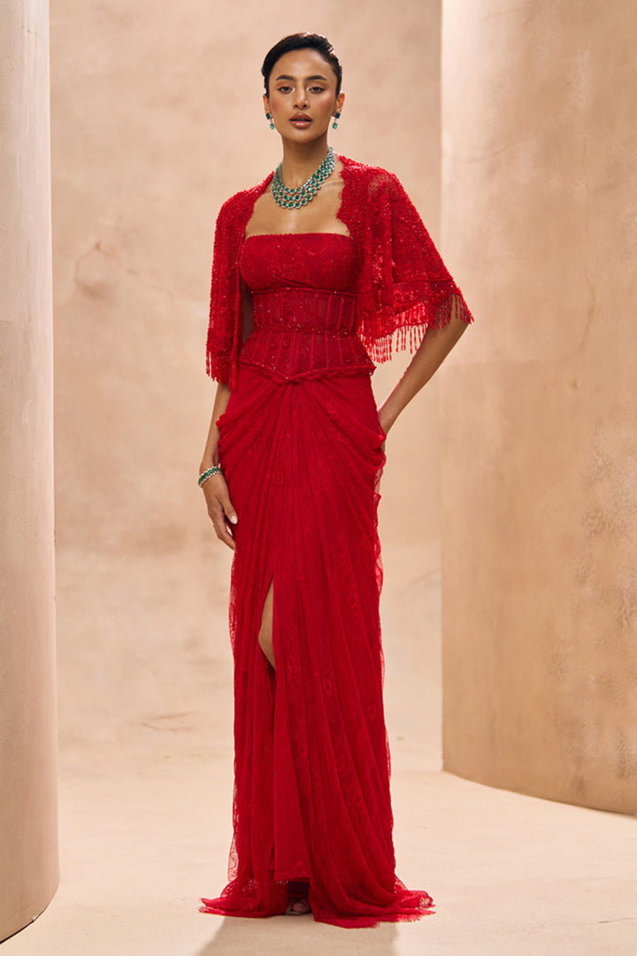 Elenore Red Cape With Drape Skirt Set