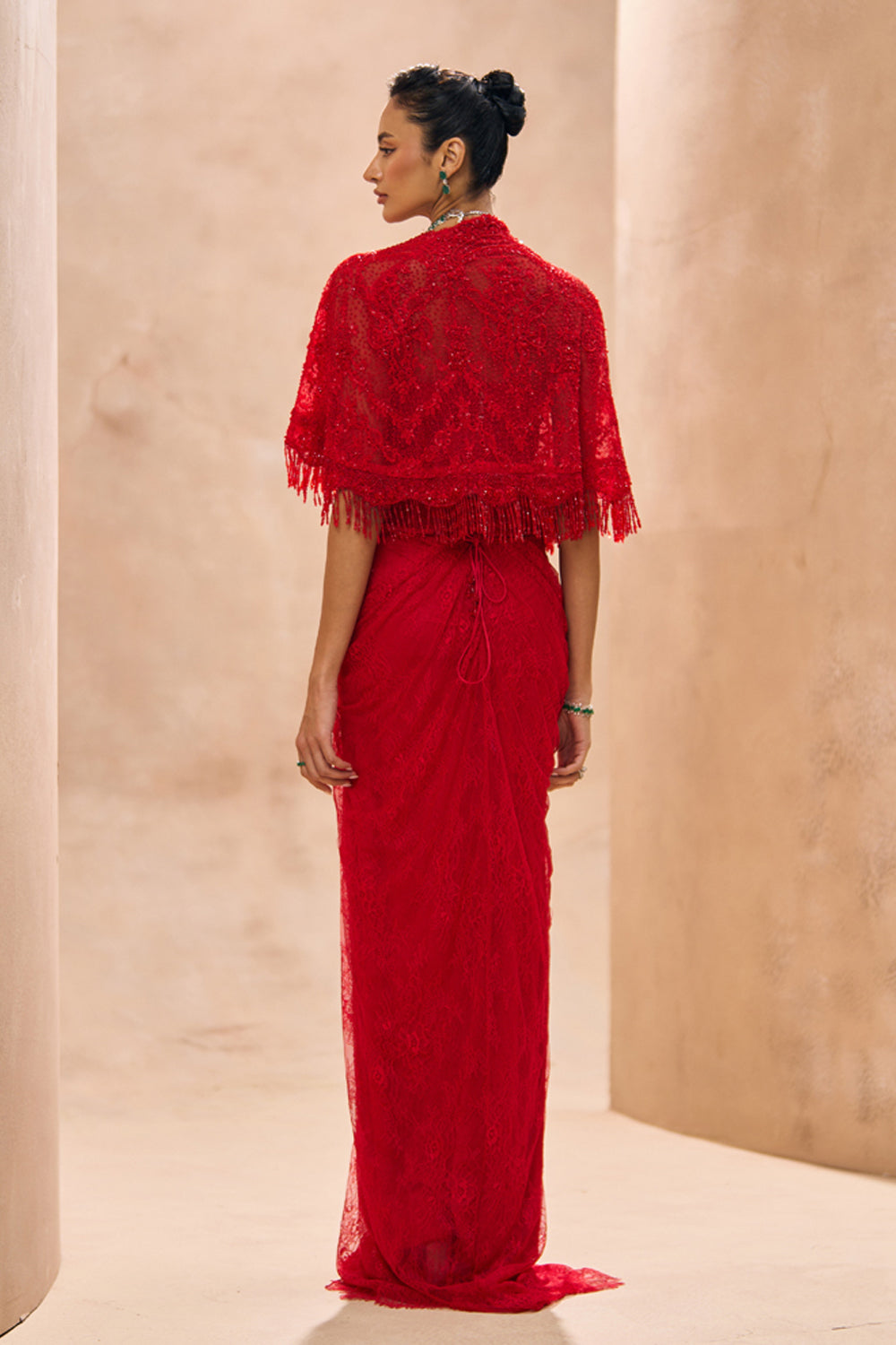Elenore Red Cape With Drape Skirt Set