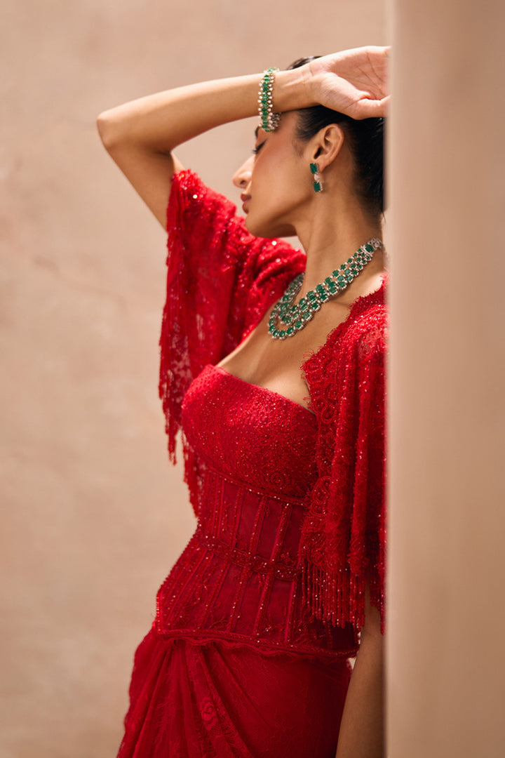 Elenore Red Cape With Drape Skirt Set