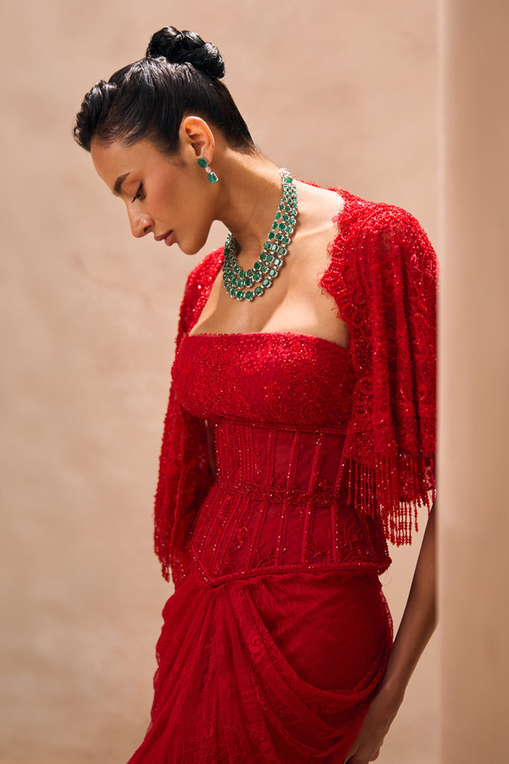 Elenore Red Cape With Drape Skirt Set