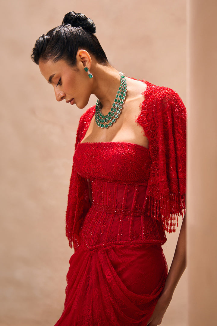Elenore Red Cape With Drape Skirt Set