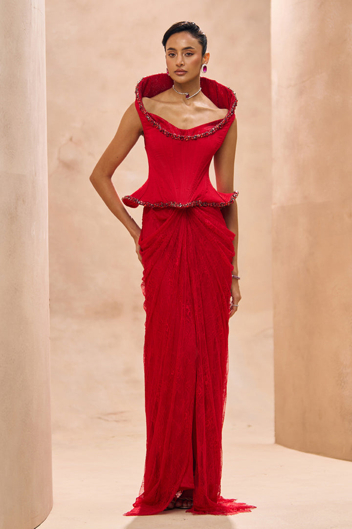 Mallory Red Drama Corset With Drape Skirt Set