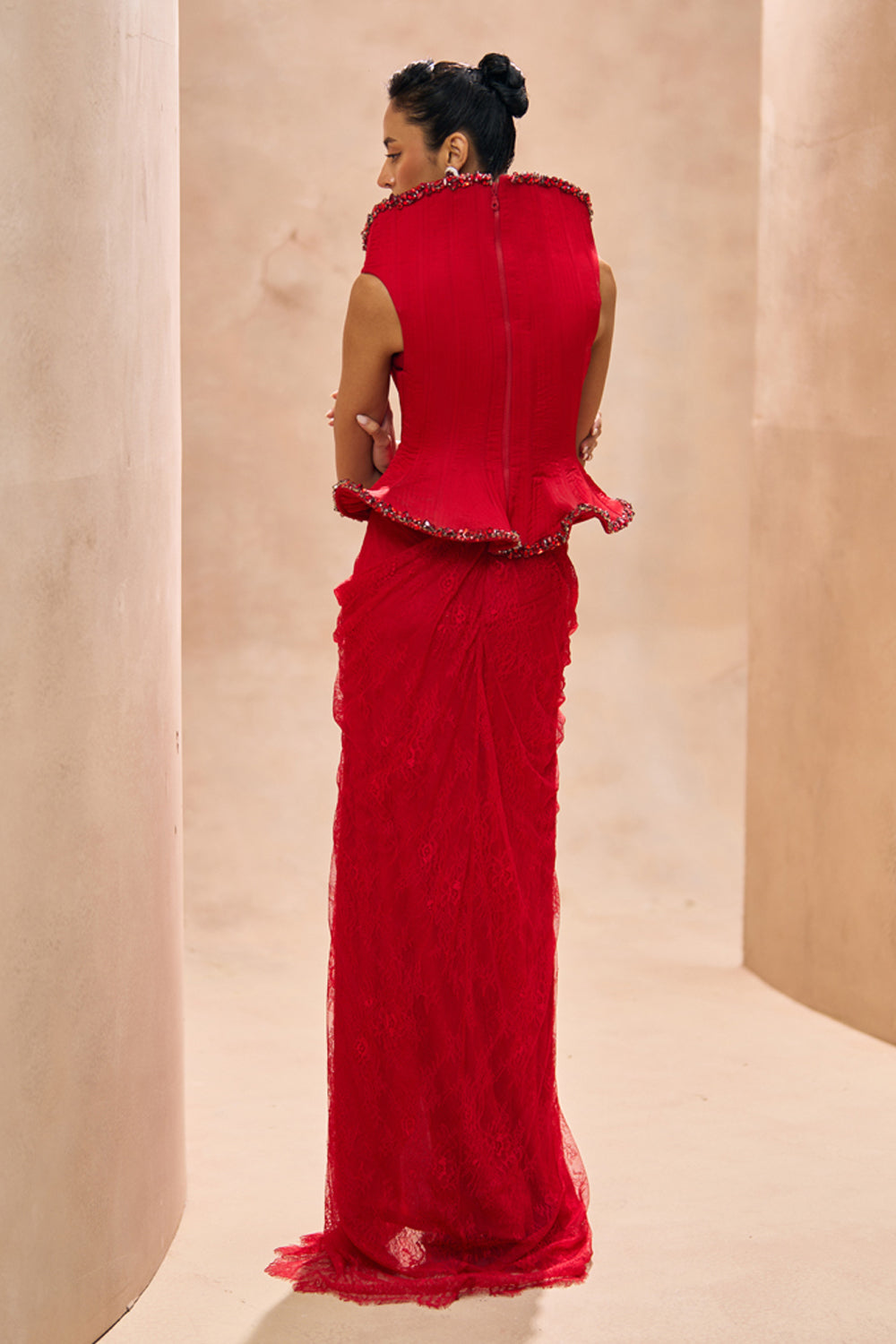 Mallory Red Drama Corset With Drape Skirt Set