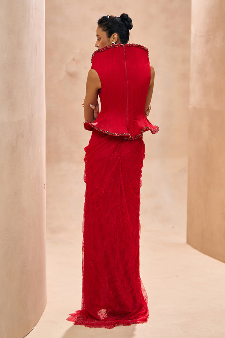 Mallory Red Drama Corset With Drape Skirt Set
