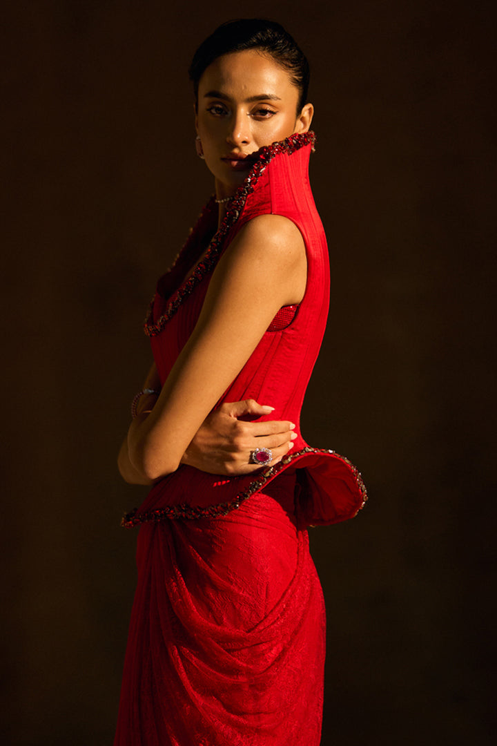 Mallory Red Drama Corset With Drape Skirt Set