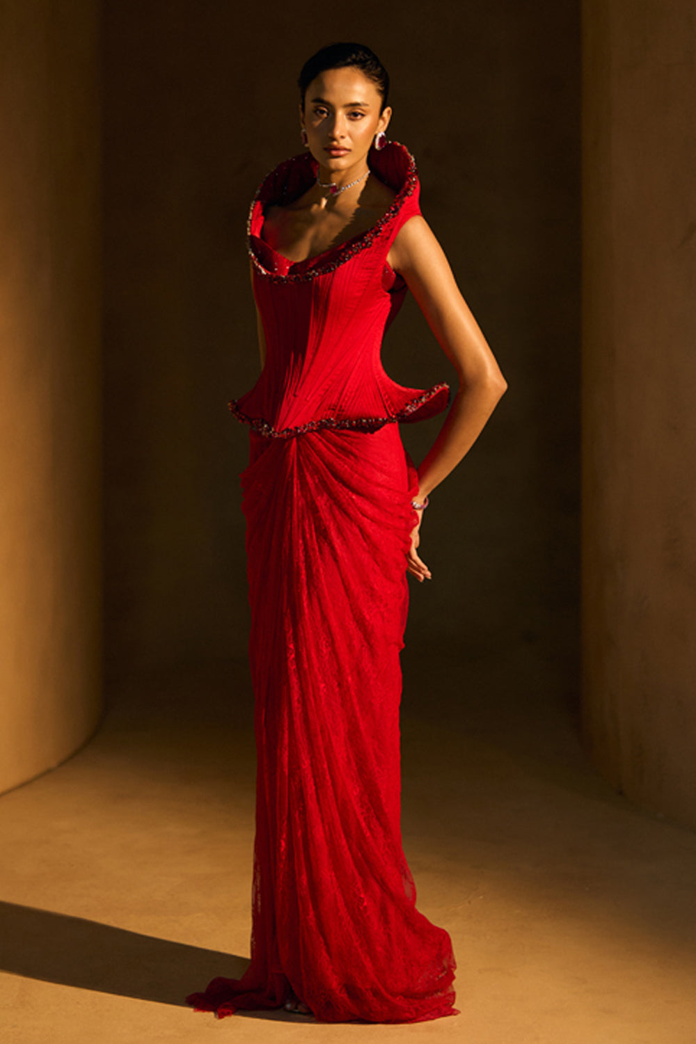 Mallory Red Drama Corset With Drape Skirt Set