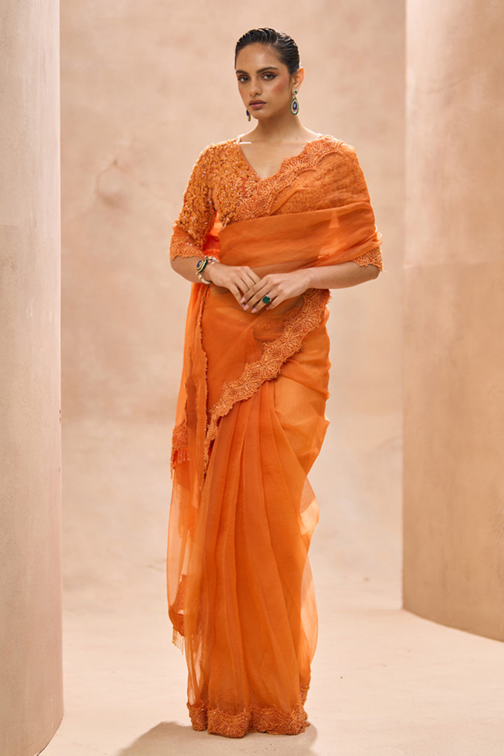 Eleni Orange Saree With Blouse Set