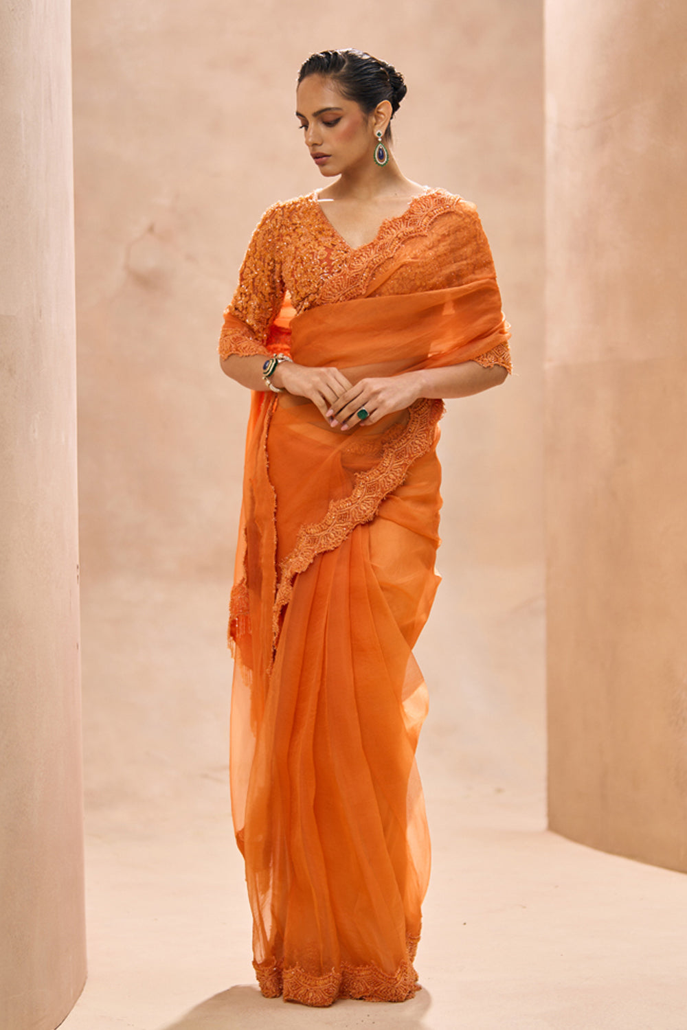Eleni Orange Saree With Blouse Set