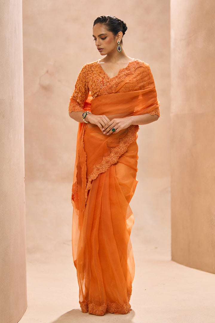 Eleni Orange Saree With Blouse Set