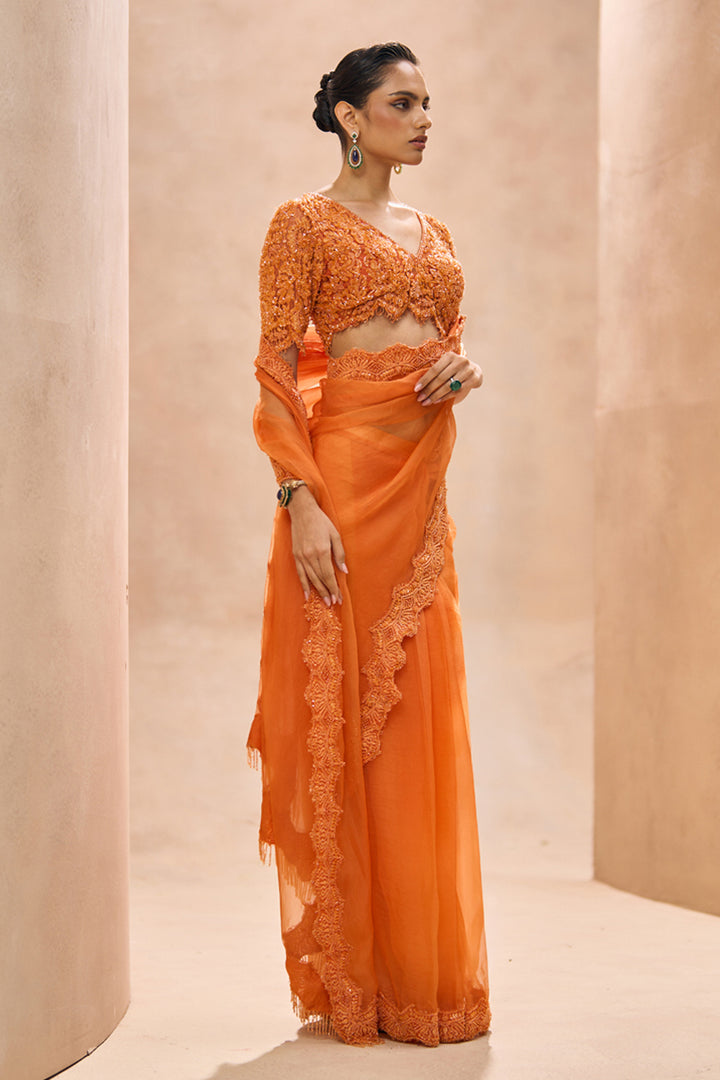 Eleni Orange Saree With Blouse Set