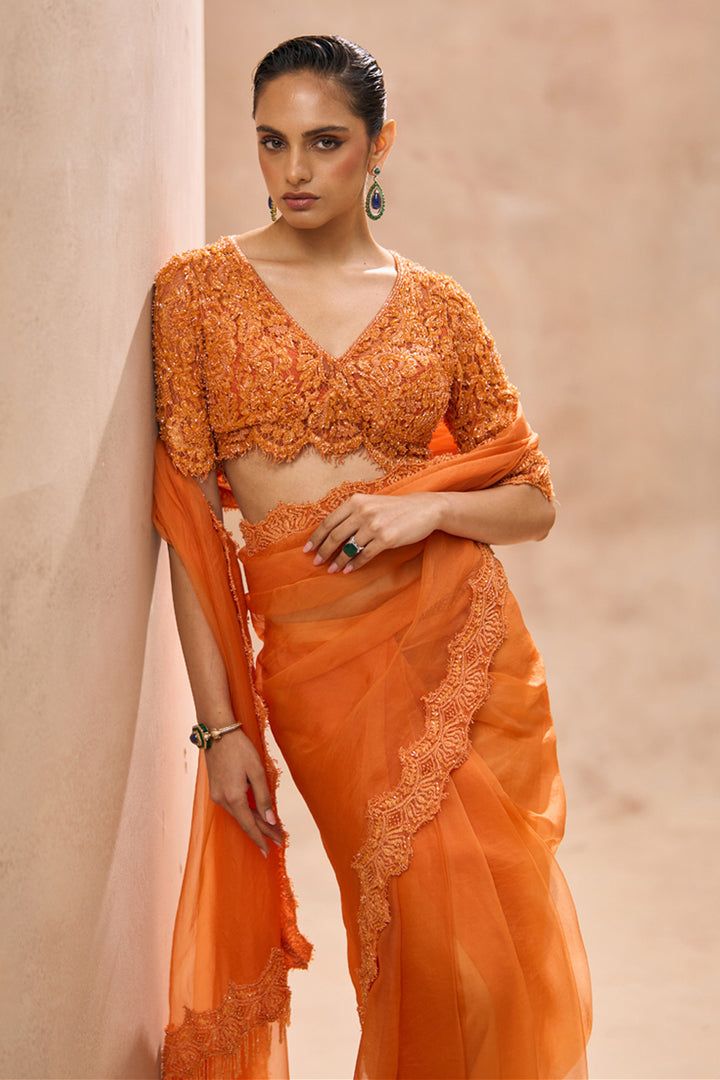 Eleni Orange Saree With Blouse Set