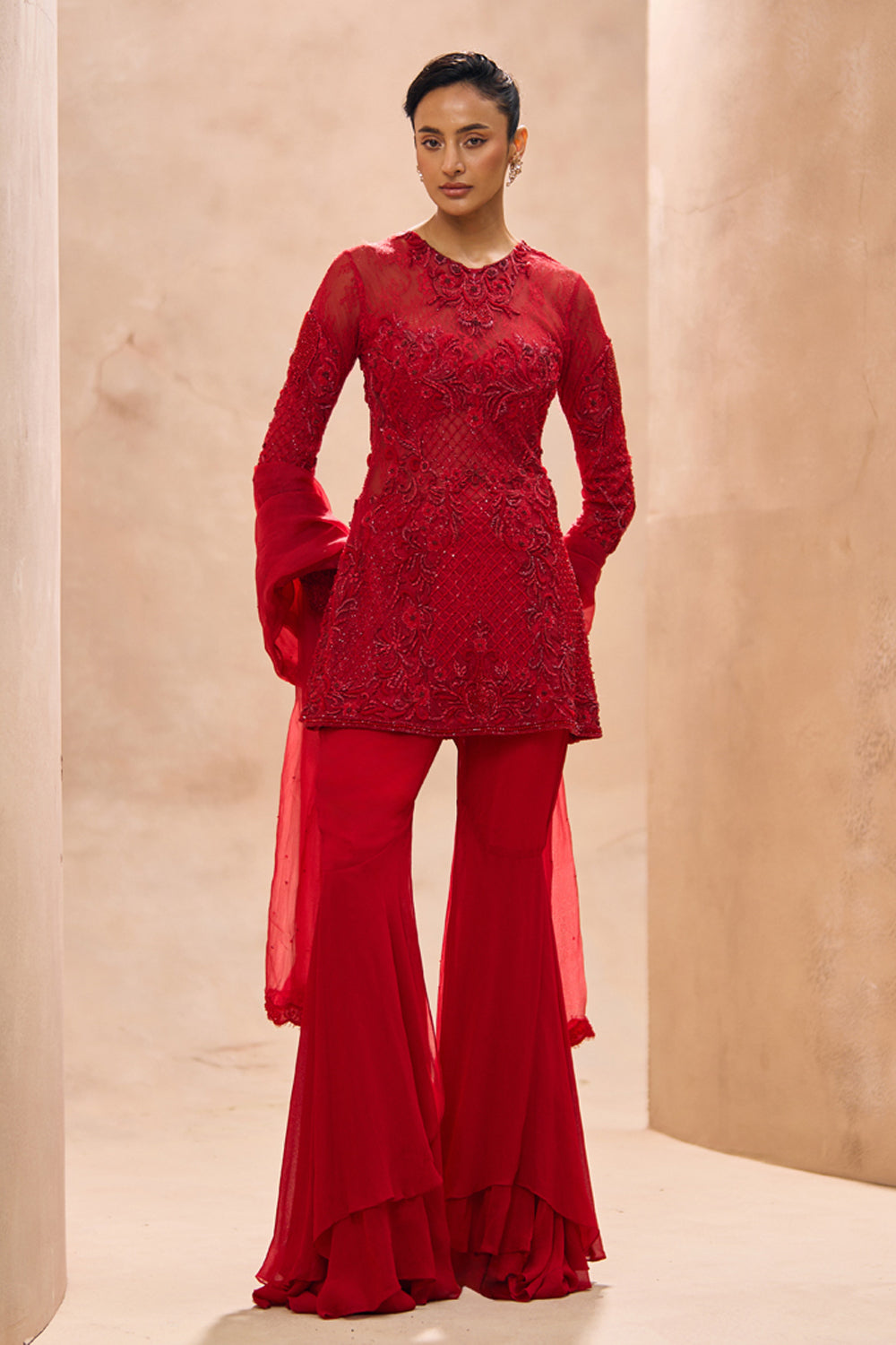 Inaya Red A-Line Embellished Kurta With Sharara Set