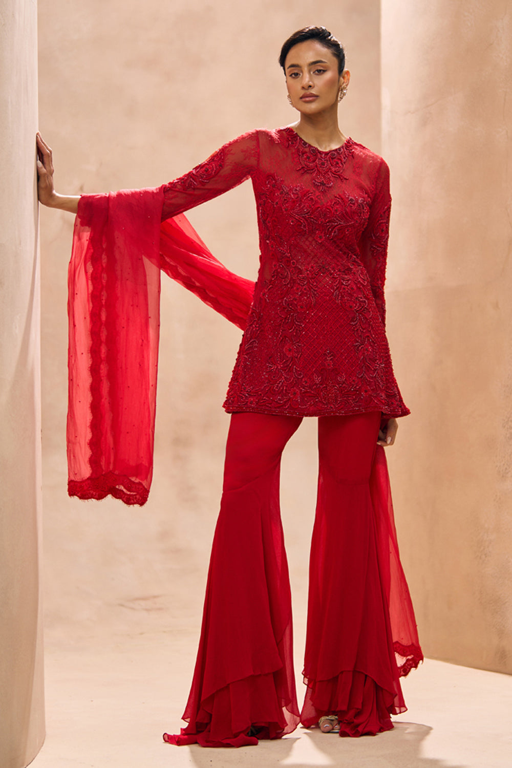 Inaya Red A-Line Embellished Kurta With Sharara Set