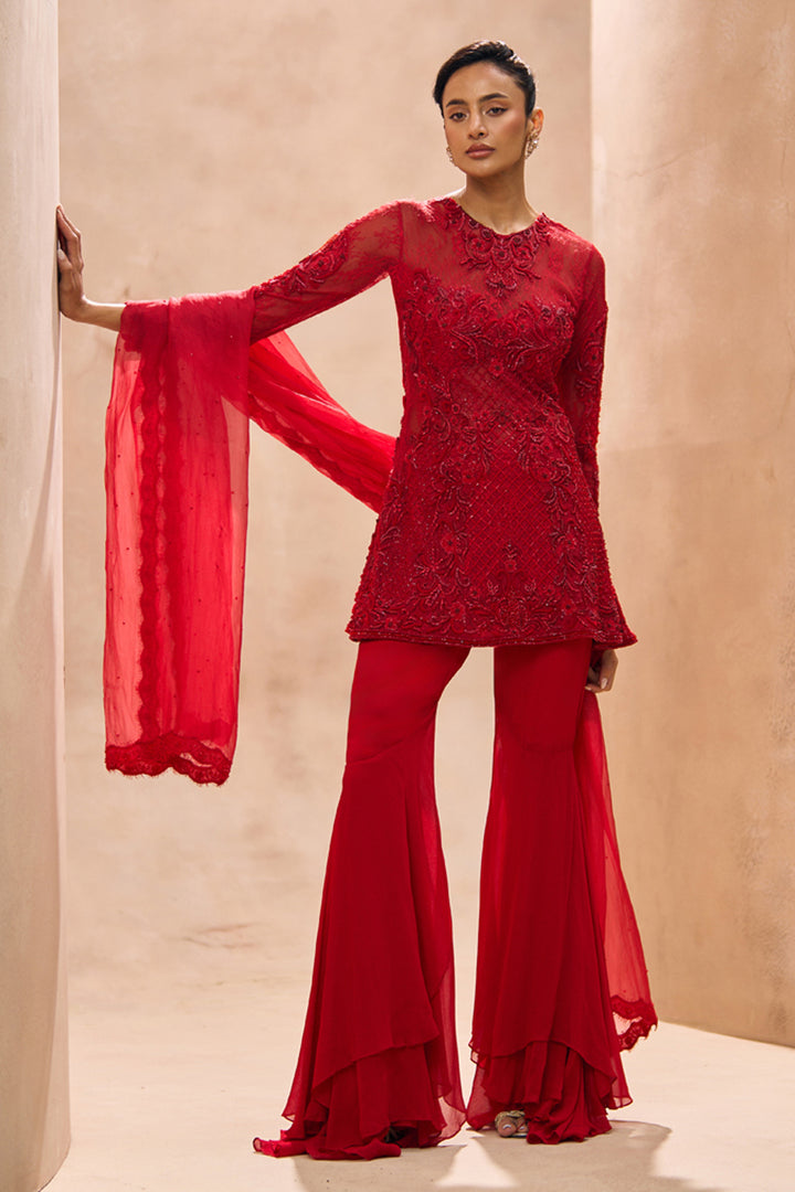 Inaya Red A-Line Embellished Kurta With Sharara Set