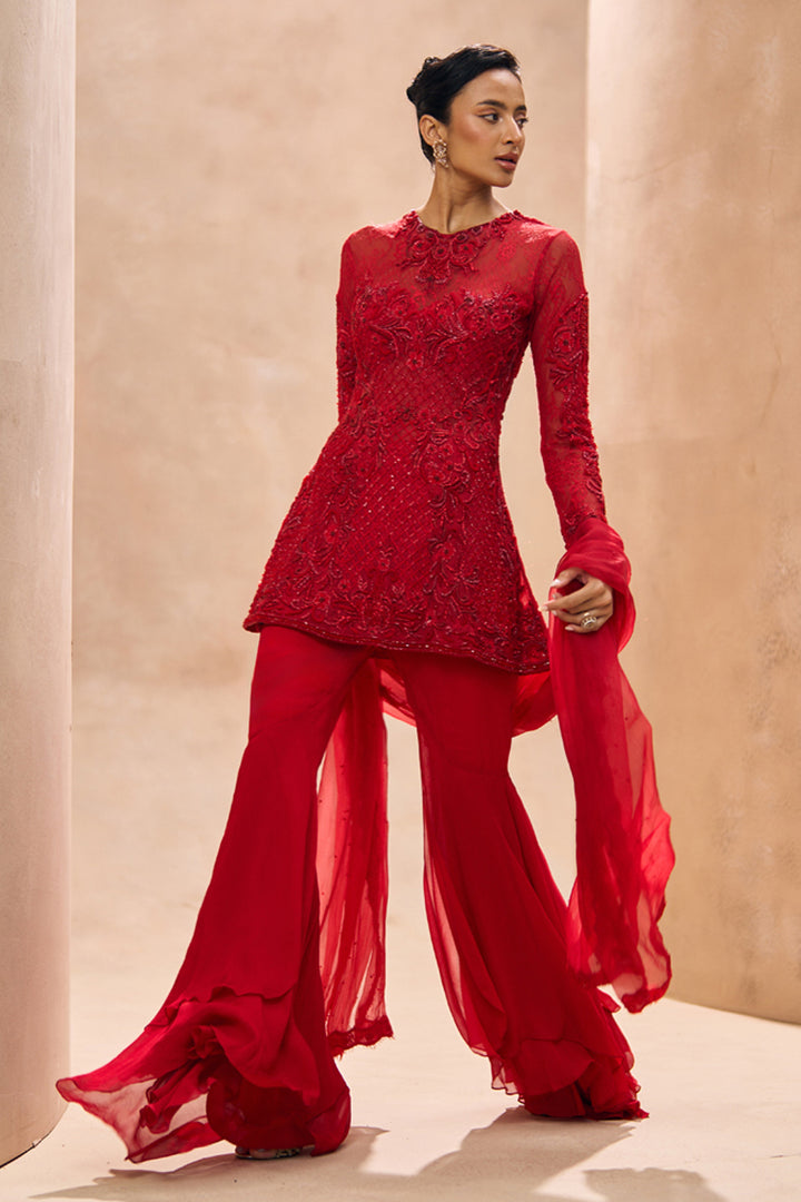 Inaya Red A-Line Embellished Kurta With Sharara Set