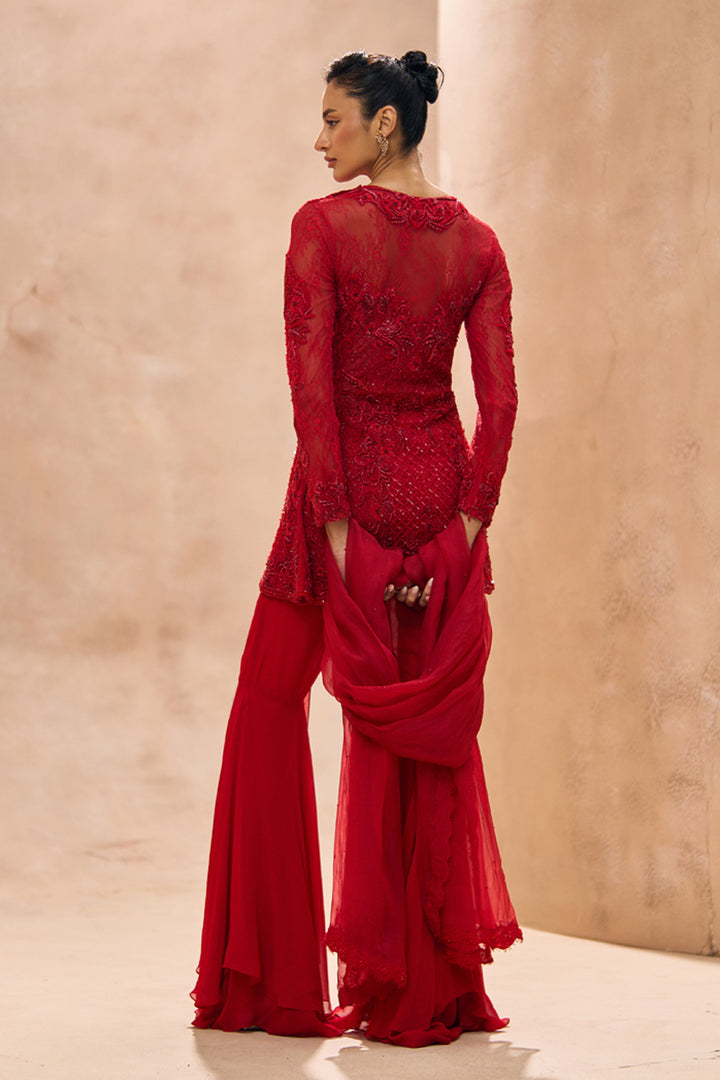 Inaya Red A-Line Embellished Kurta With Sharara Set