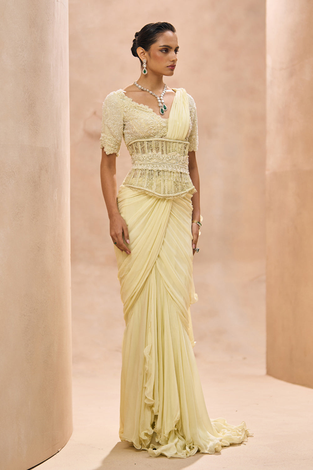 Cesca Butter Yellow Ruffle Saree Set