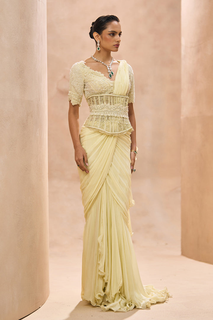 Cesca Butter Yellow Ruffle Saree Set