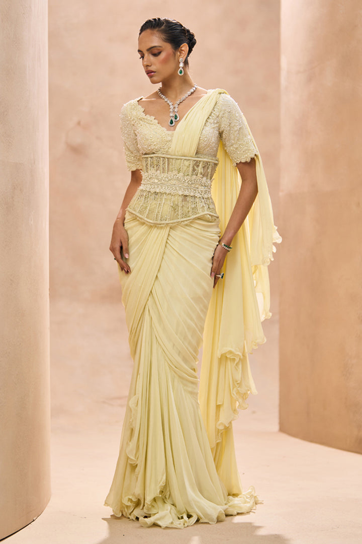 Cesca Butter Yellow Ruffle Saree Set