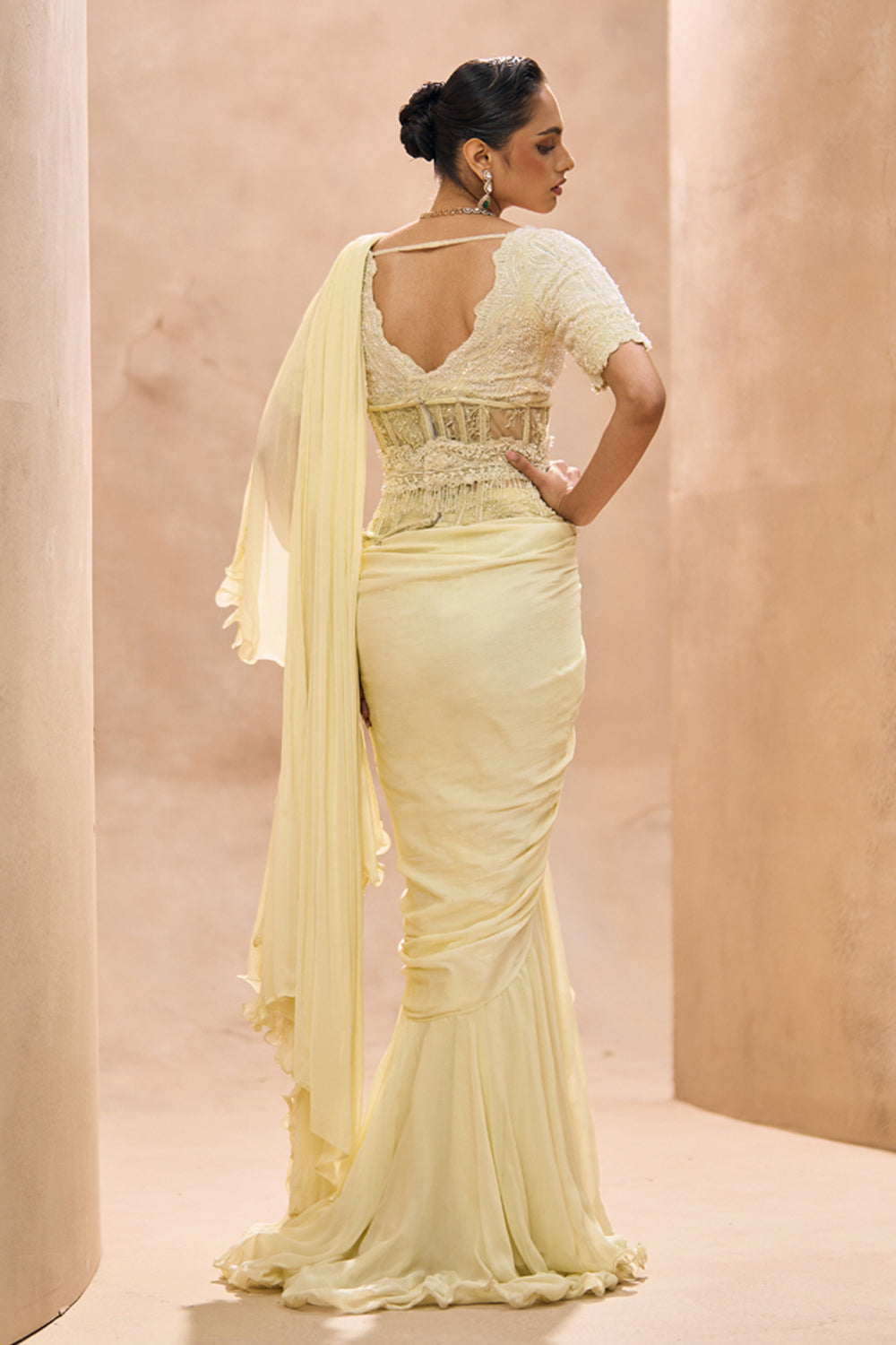 Cesca Butter Yellow Ruffle Saree Set