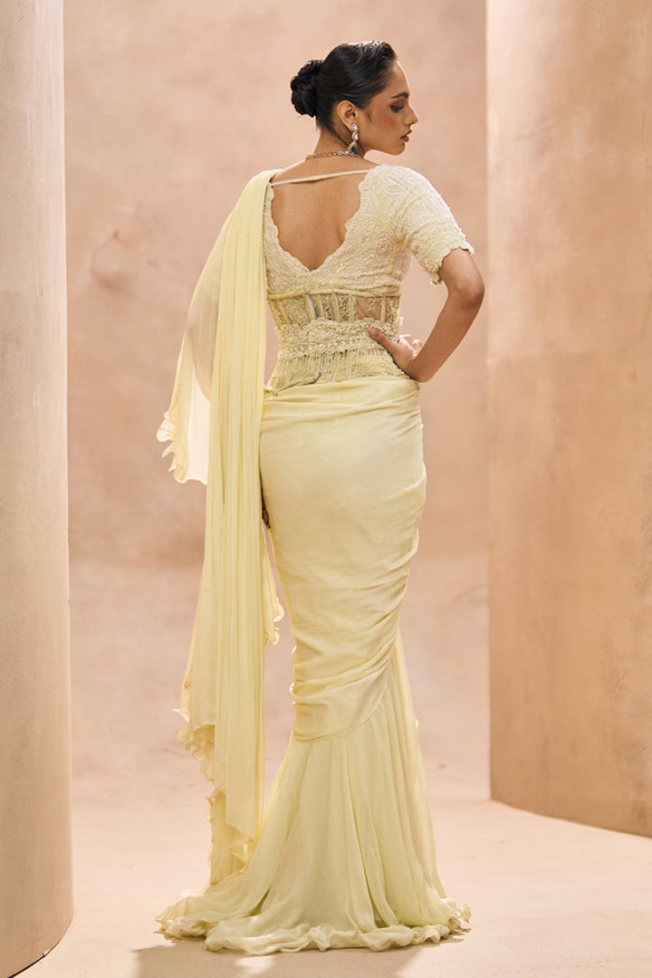 Cesca Butter Yellow Ruffle Saree Set