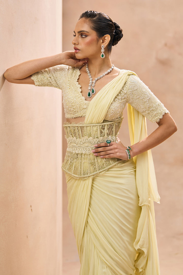 Cesca Butter Yellow Ruffle Saree Set