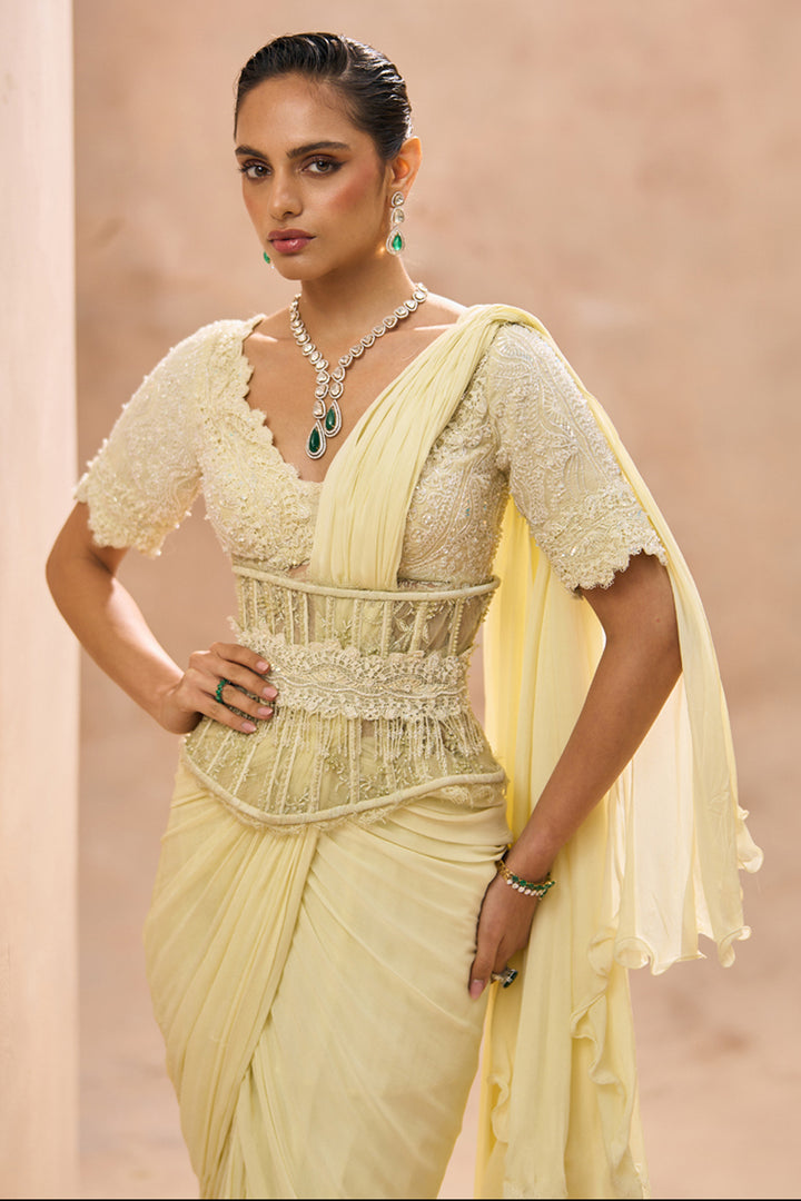 Cesca Butter Yellow Ruffle Saree Set