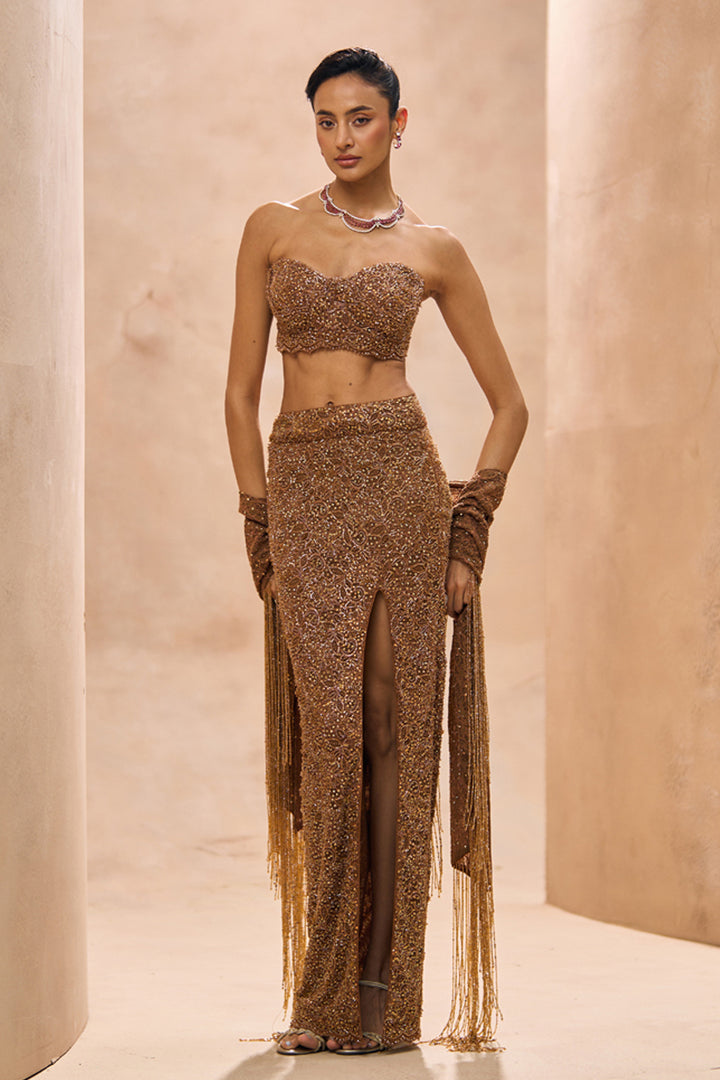Sia Brown Bustier and Pencil Fit Slit Skirt Set