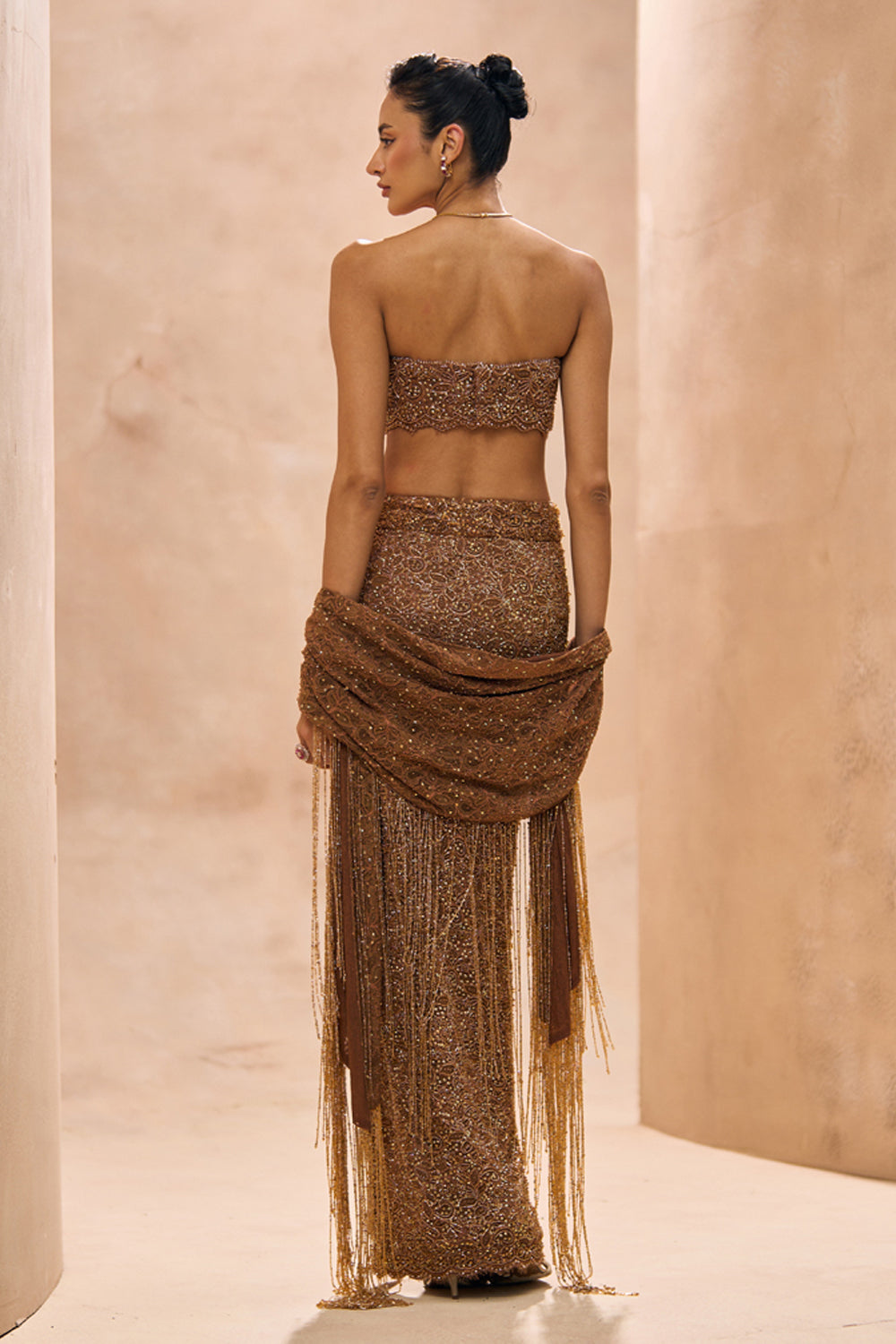 Sia Brown Bustier and Pencil Fit Slit Skirt Set