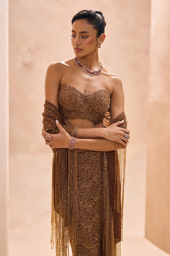 Sia Brown Bustier and Pencil Fit Slit Skirt Set