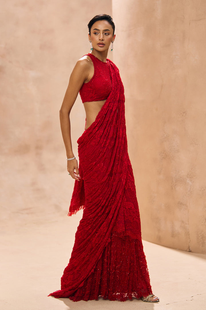 Renee Red Embellished Lehenga Saree Set