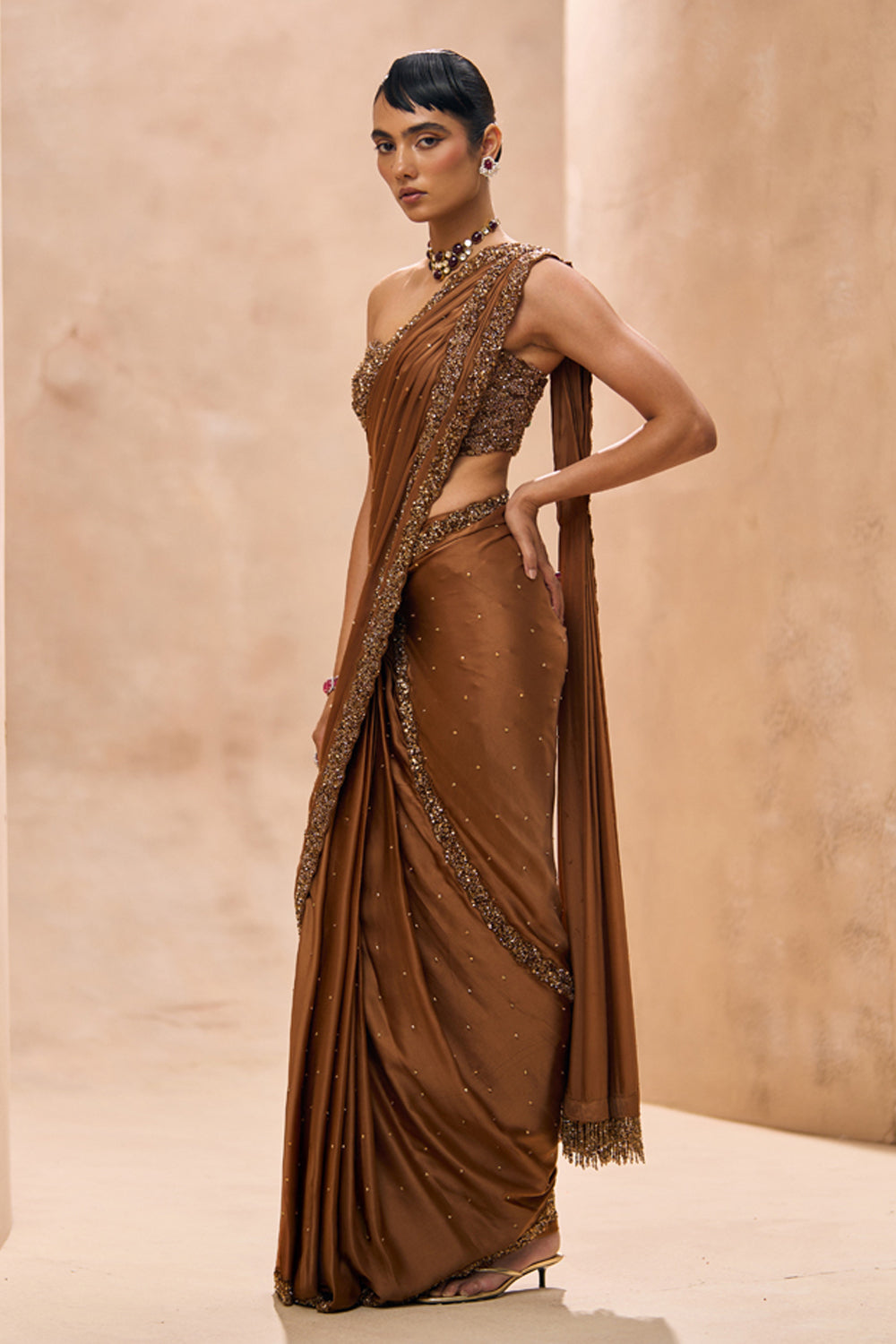 Coco Brown Double Border Saree Set