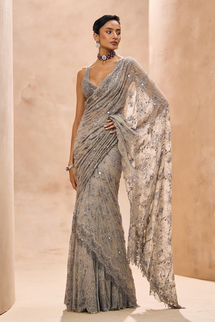 Lainey Grey Fully Embellished Concept Lehenga Saree Set