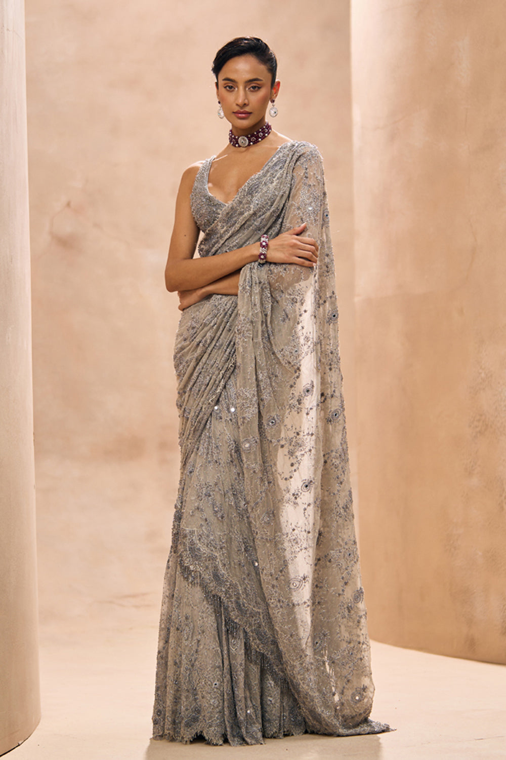 Lainey Grey Fully Embellished Concept Lehenga Saree Set