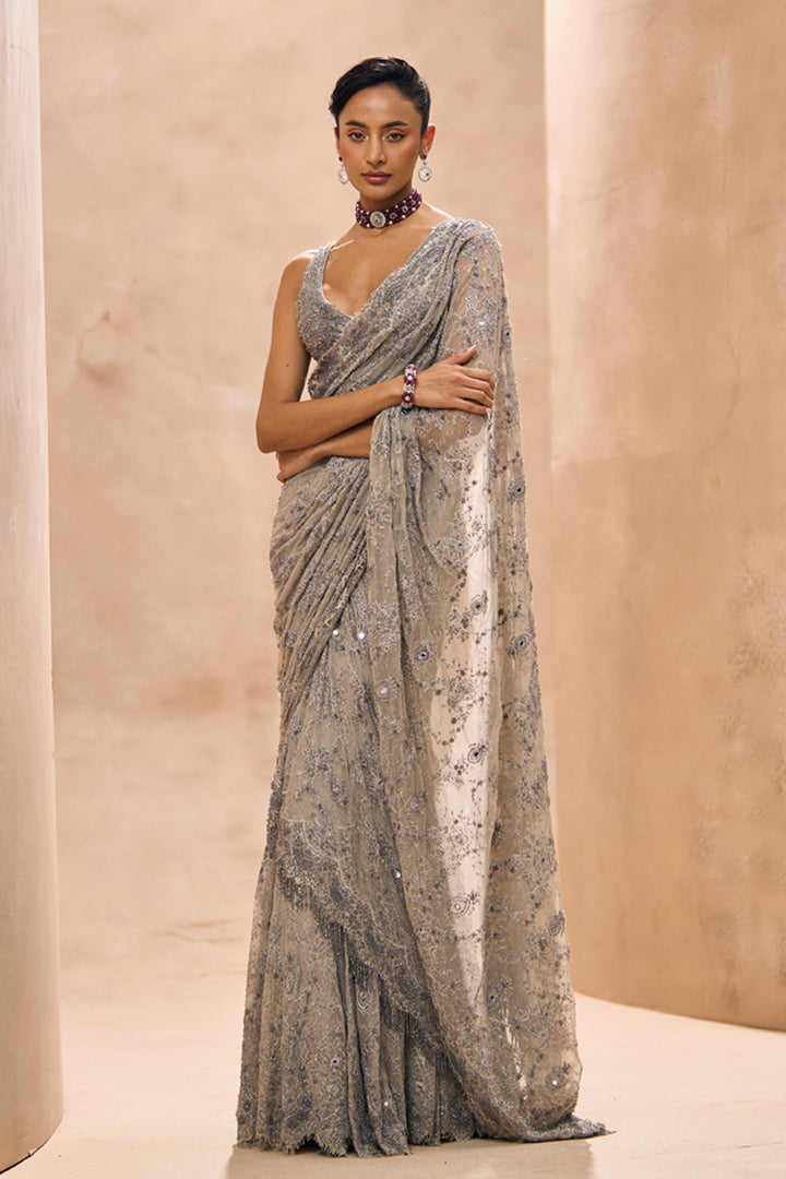 Lainey Grey Fully Embellished Concept Lehenga Saree Set