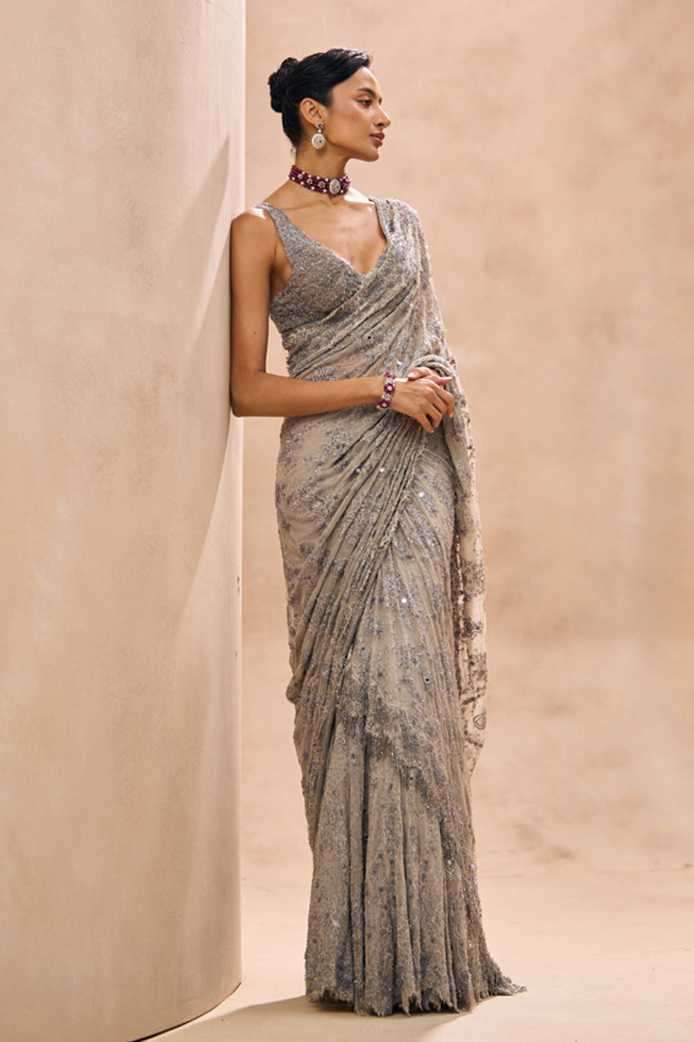 Lainey Grey Fully Embellished Concept Lehenga Saree Set