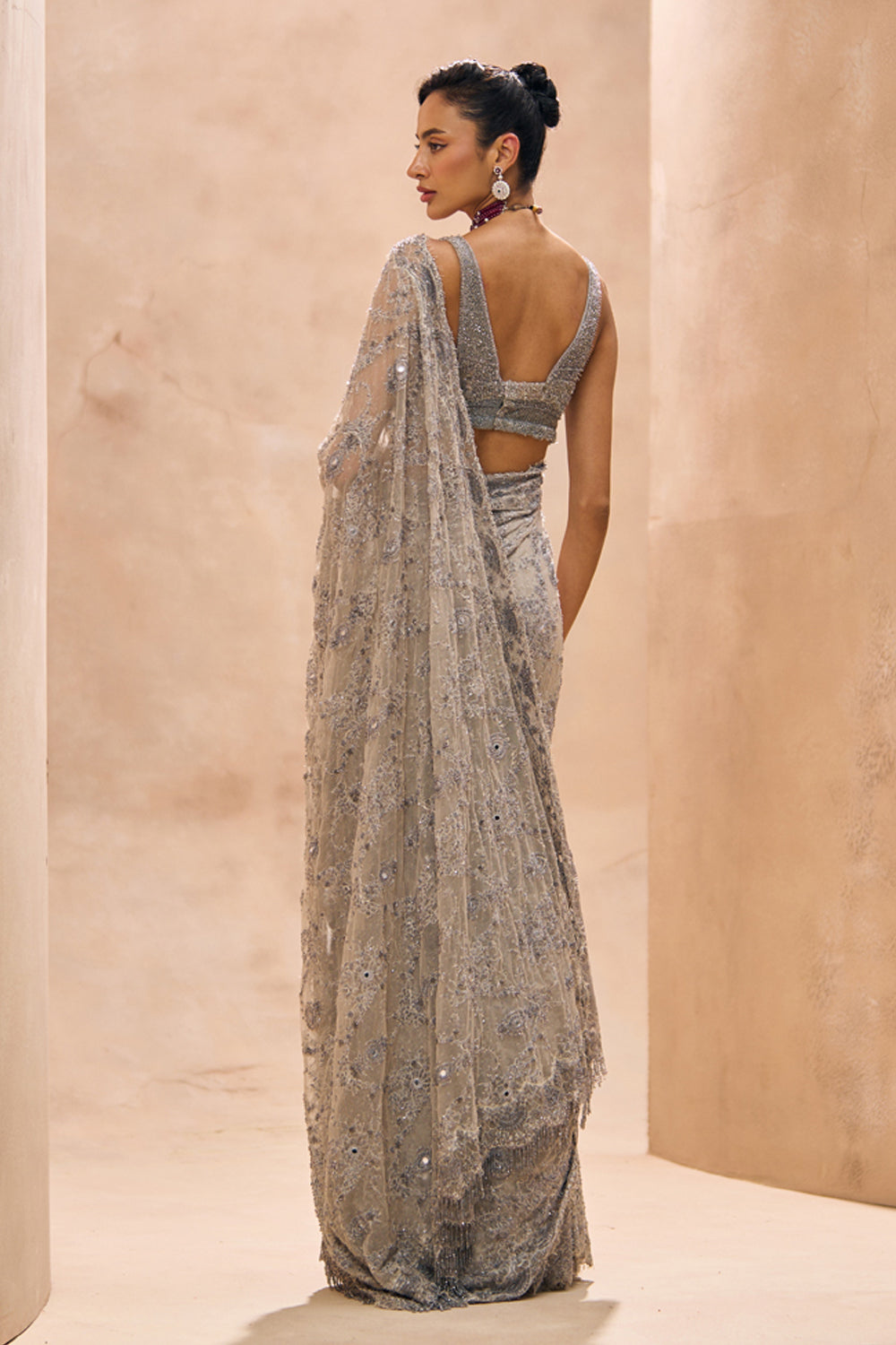 Lainey Grey Fully Embellished Concept Lehenga Saree Set