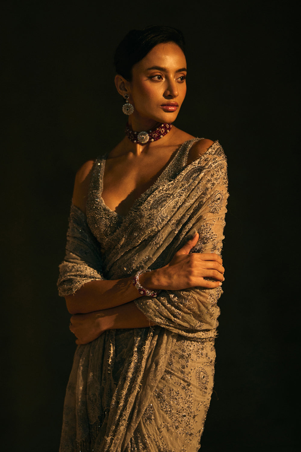 Lainey Grey Fully Embellished Concept Lehenga Saree Set