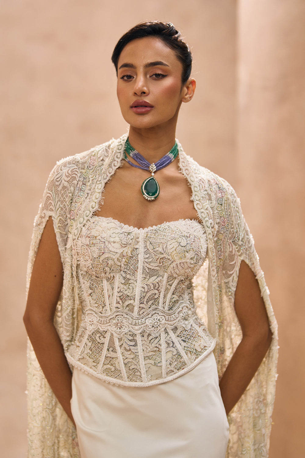 Venice Ivory Peplum Corset With Cape Set